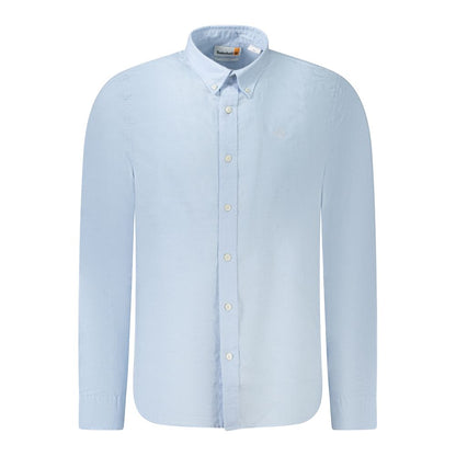 Shirt by Timberland for men in linen & cotton light-blue features an architectural silhouette with a refined and elegant button-down-collar neckline for a architectural look.
