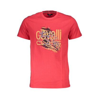 T-Shirt by Cavalli Class for men in cotton red & print showcases a fashionable silhouette, elegantly detailed with a fashionable and crew neckline for a sophisticated, high-fashion look.
