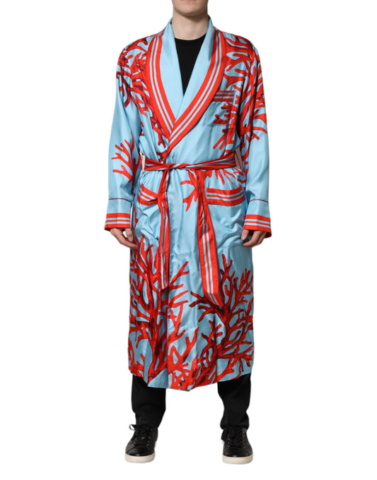 Jacket by Dolce & Gabbana for men in silk coral, light-blue, red & print presents a impeccable silhouette, showcasing distinct and a impeccable wrap neckline for a sophisticated finish.