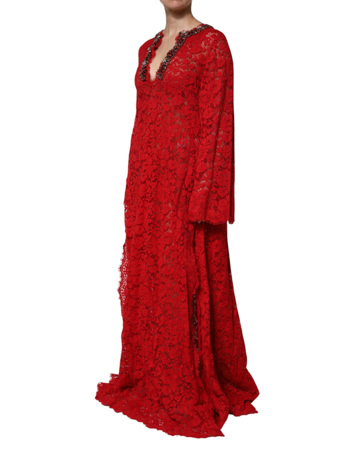 Dolce & Gabbana Red Floral Lace Rhinestone Embellished Dress