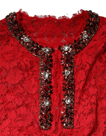Dolce & Gabbana Red Floral Lace Rhinestone Embellished Dress