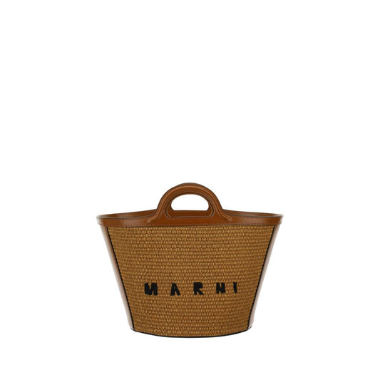 Shoulder Bucket Bag by Marni for women in raffia & bos taurus suede calfskin leather brown & monogram presents a versatile silhouette, showcasing a secure zipper & drawstring and versatile with versatile shoulder-strap, handle & adjustable-strap for a sophisticated look.