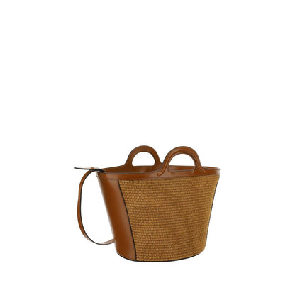 Shoulder Bucket Bag by Marni for women in raffia & bos taurus suede calfskin leather brown & monogram features a effortless chic silhouette with a secure zipper & drawstring, ample , and versatile shoulder-strap, handle & adjustable-strap for a effortless chic finish.