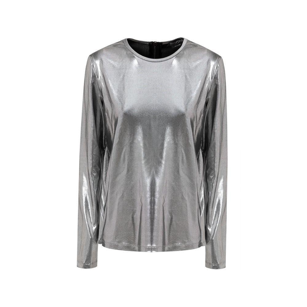T-Shirt by Tom Ford for women in viscose gray & silver showcases a fashionable silhouette, elegantly detailed with a fashionable long-sleeve and round neckline for a sophisticated, high-fashion look.