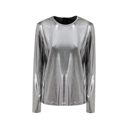 T-Shirt by Tom Ford for women in viscose gray & silver showcases a fashionable silhouette, elegantly detailed with a fashionable long-sleeve and round neckline for a sophisticated, high-fashion look.