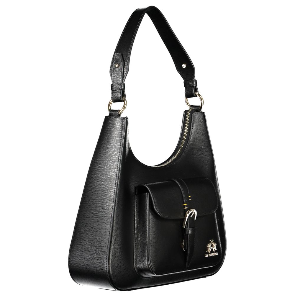 Handbag by La Martina for women in leather black presents a ornamental silhouette, showcasing a secure snap & zipper, ample external-pockets & internal-pockets, and versatile shoulder-strap for a ornamental finish.
