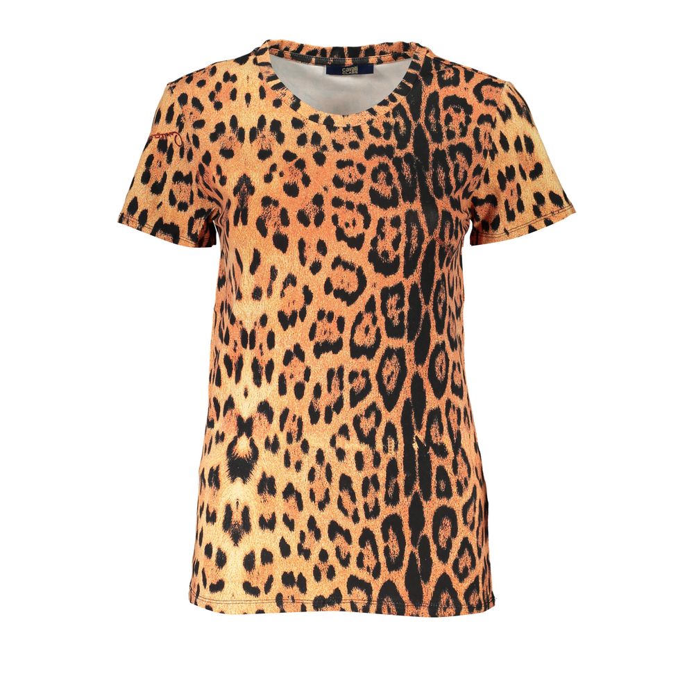 T-Shirt by Cavalli Class for women in stretch cotton orange & patterned features a plush silhouette, showcasing a sophisticated crew neckline and short-sleeve for a truly plush finish.