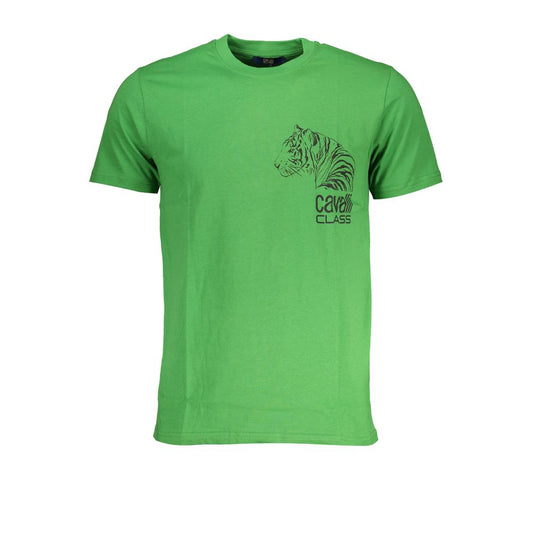 T-Shirt by Cavalli Class for men in cotton green & print showcases a fashionable silhouette, elegantly detailed with a fashionable and crew neckline for a sophisticated, high-fashion look.