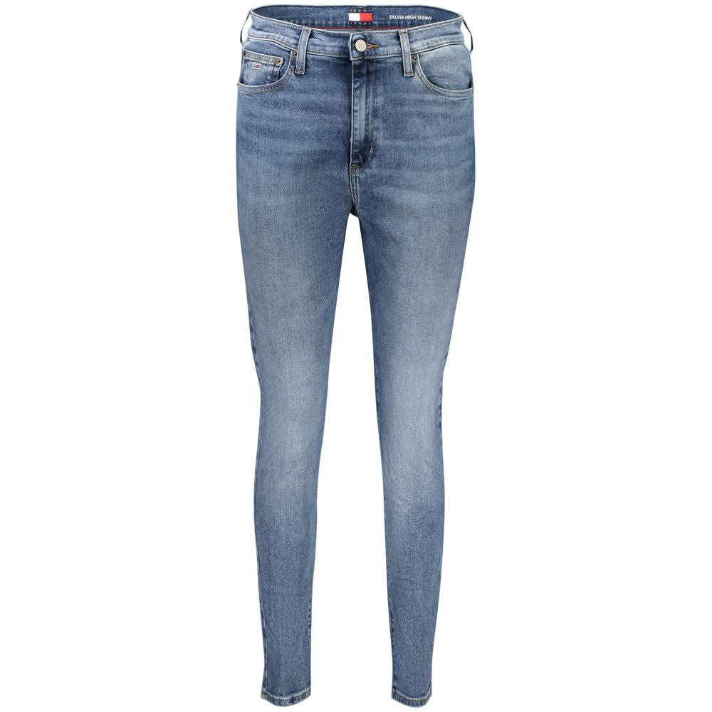 Jeans by Tommy Hilfiger for women in stretch denim cotton blue features a polished silhouette with a polished skinny, reaching a polished long and finished with a polished high rise.