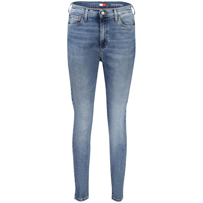 Jeans by Tommy Hilfiger for women in stretch denim cotton blue features a polished silhouette with a polished skinny, reaching a polished long and finished with a polished high rise.