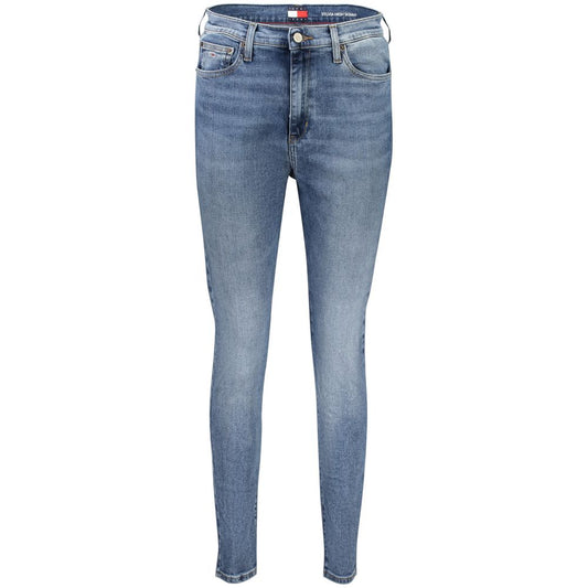 Jeans by Tommy Hilfiger for women in stretch denim cotton blue features a polished silhouette with a polished skinny, reaching a polished long and finished with a polished high rise.