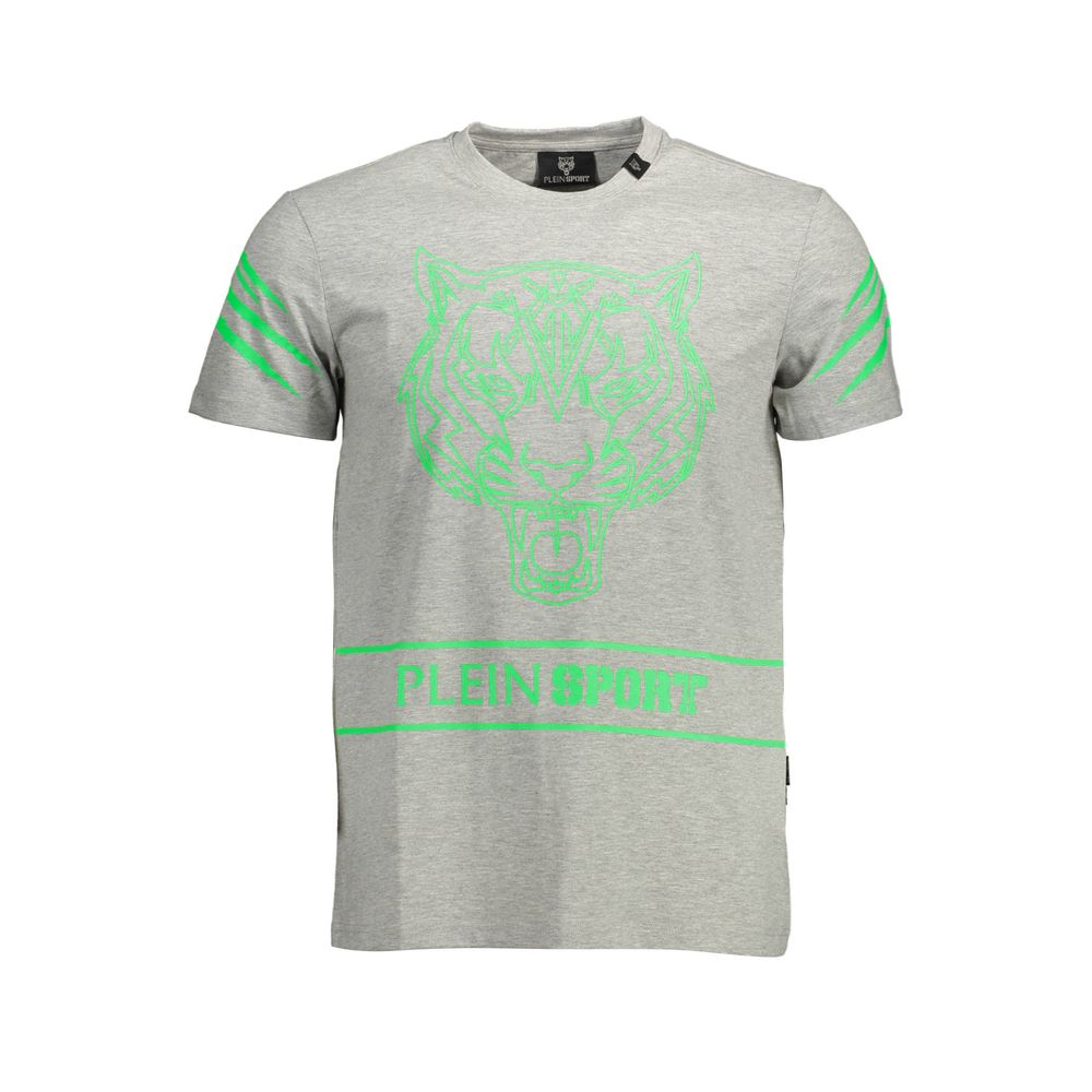 T-Shirt by Plein Sport for men in stretch cotton brown, gray, signature & print showcases a unassuming silhouette, artfully detailed with a refined crew neckline and unassuming short-sleeve for a sophisticated, contemporary look.