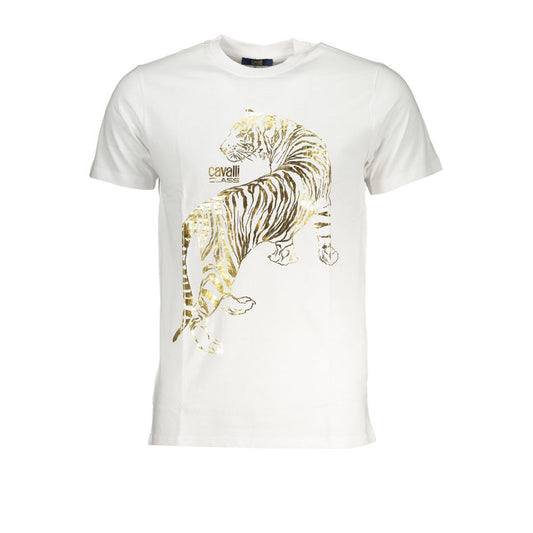 T-Shirt by Cavalli Class for men in cotton white & print showcases a chic silhouette, artfully detailed with a chic crew neckline and for a chic finish.