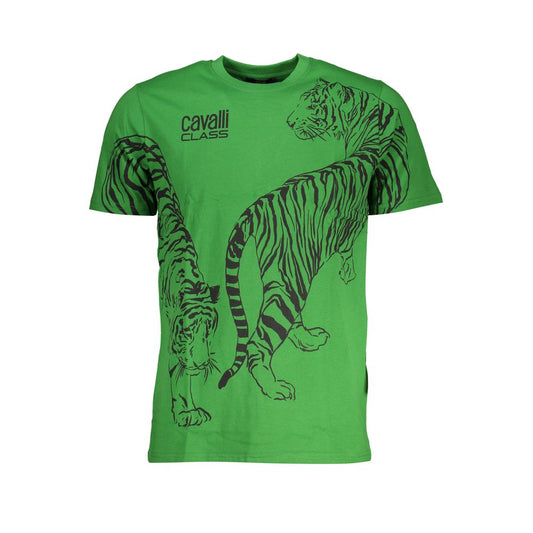 T-Shirt by Cavalli Class for men in cotton green & print showcases a unassuming silhouette, artfully detailed with a refined crew neckline and unassuming short-sleeve for a sophisticated, contemporary look.