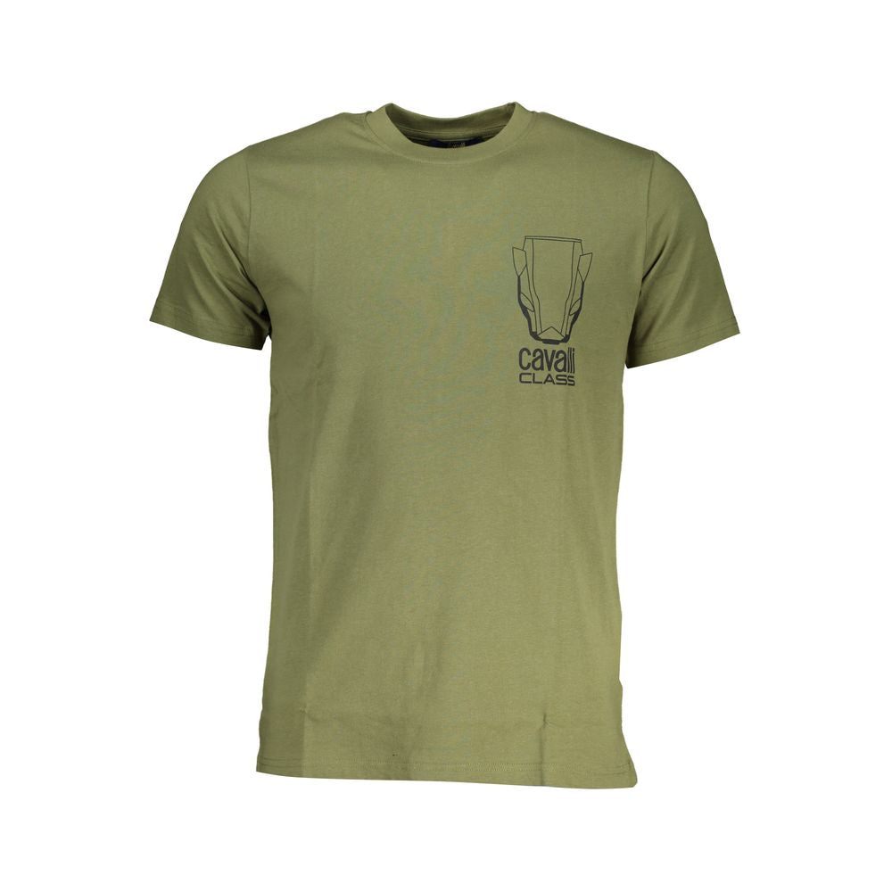 T-Shirt by Cavalli Class for men in cotton green & print showcases a fashionable silhouette, elegantly detailed with a fashionable and crew neckline for a sophisticated, high-fashion look.