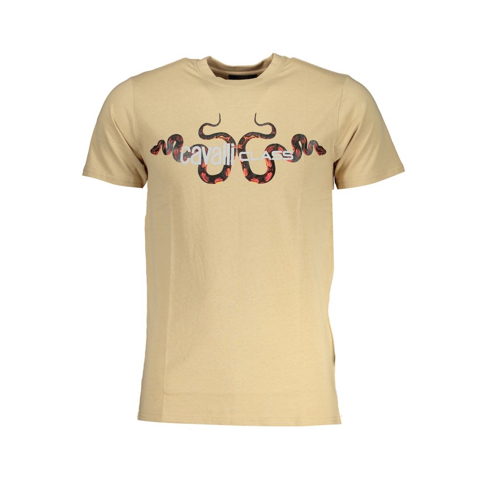 T-Shirt by Cavalli Class for men in cotton beige & print showcases a chic silhouette, artfully detailed with a chic crew neckline and for a chic finish.