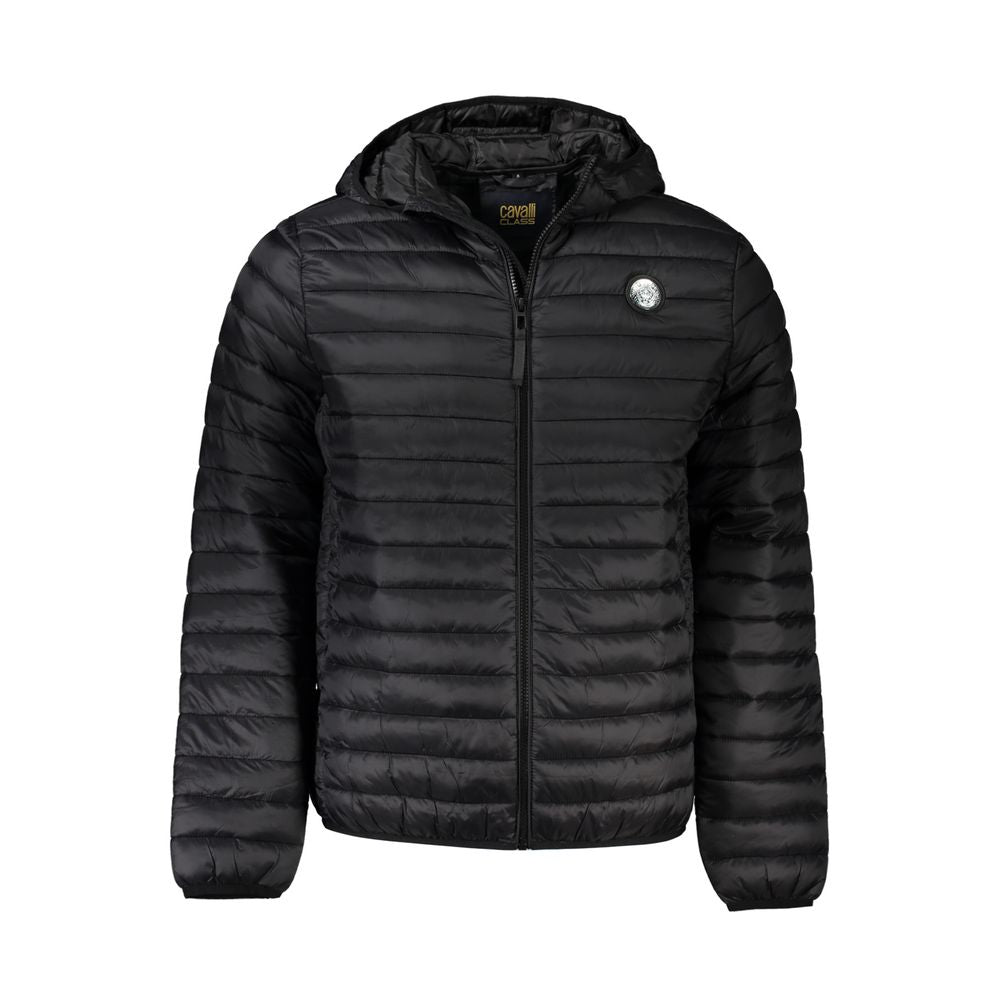 Windbreaker Jacket by Cavalli Class for men in polyamide black & signature showcases a urban chic silhouette, detailed with a urban chic and functional pockets & windproof for a polished finish.
