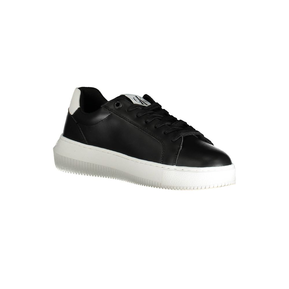 Athletic Sneakers by Calvin Klein for women in polyester polyethylene leather black & print features an architectural silhouette, showcasing the premium athletic style of the Women's Athletic Polyester Polyethylene Leather Sneakers with an architectural finish.
