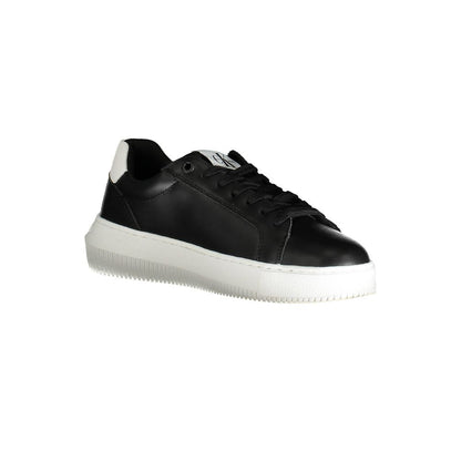 Athletic Sneakers by Calvin Klein for women in polyester polyethylene leather black & print features an architectural silhouette, showcasing the premium athletic style of the Women's Athletic Polyester Polyethylene Leather Sneakers with an architectural finish.