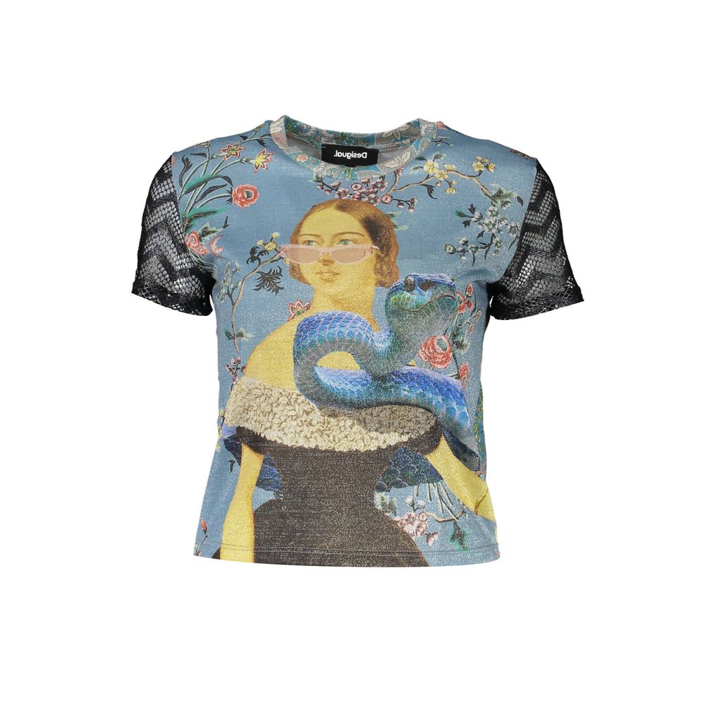 T-Shirt by Desigual for women in stretch polyester blue & print showcases a chic silhouette, artfully detailed with a chic and short-sleeve for a chic finish.