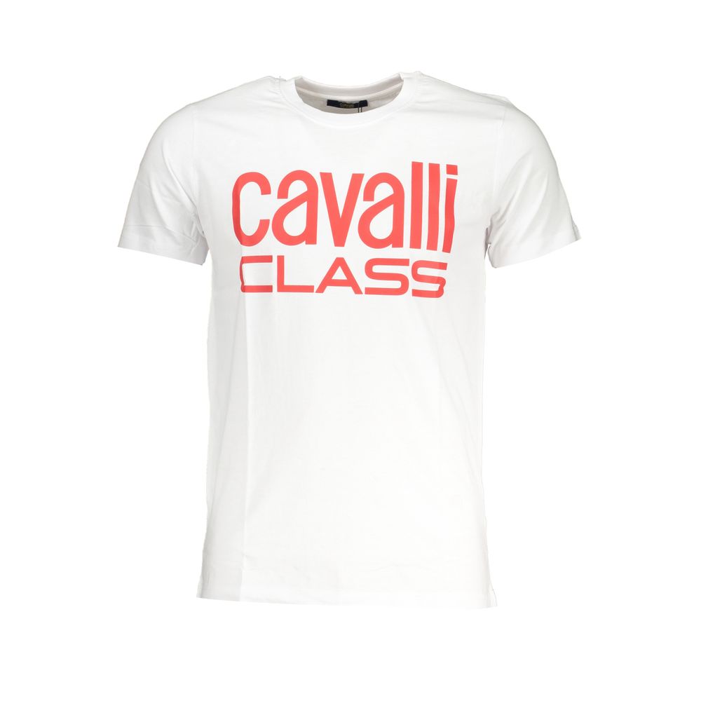 T-Shirt by Cavalli Class for men in cotton white & print showcases a fashionable silhouette, elegantly detailed with a fashionable and crew neckline for a sophisticated, high-fashion look.