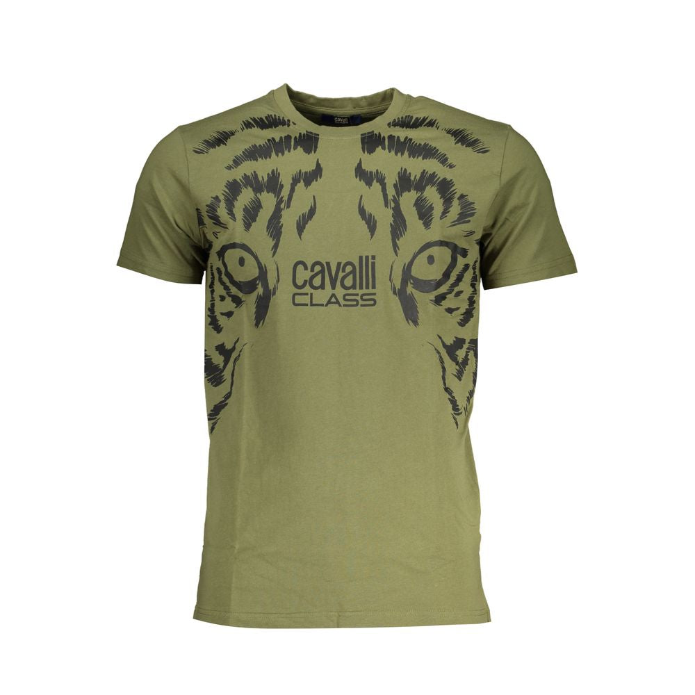 T-Shirt by Cavalli Class for men in cotton green & print showcases a unassuming silhouette, artfully detailed with a refined crew neckline and unassuming short-sleeve for a sophisticated, contemporary look.