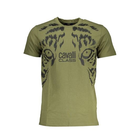 T-Shirt by Cavalli Class for men in cotton green & print showcases a unassuming silhouette, artfully detailed with a refined crew neckline and unassuming short-sleeve for a sophisticated, contemporary look.