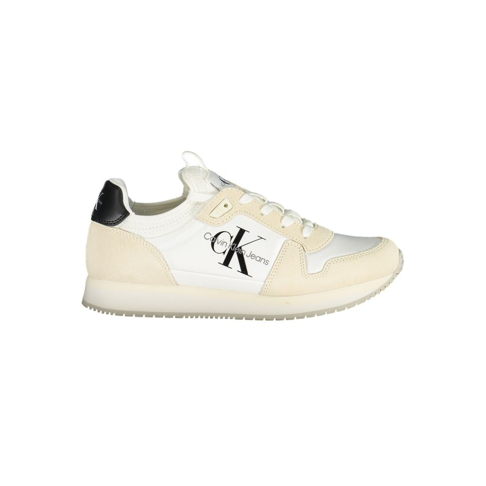 Sneakers by Calvin Klein for women in polyester polyethylene leather white presents a sumptuous silhouette, artfully capturing the essence of the Women's Fashion Polyester Polyethylene Leather Sneakers with its sumptuous fashion style design.