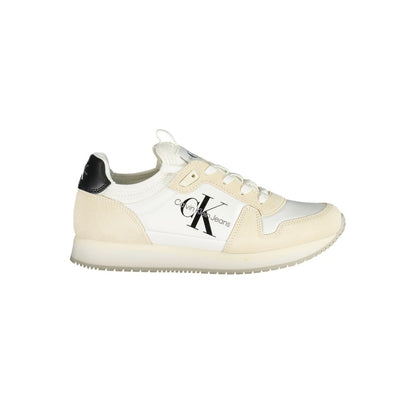 Sneakers by Calvin Klein for women in polyester polyethylene leather white presents a sumptuous silhouette, artfully capturing the essence of the Women's Fashion Polyester Polyethylene Leather Sneakers with its sumptuous fashion style design.