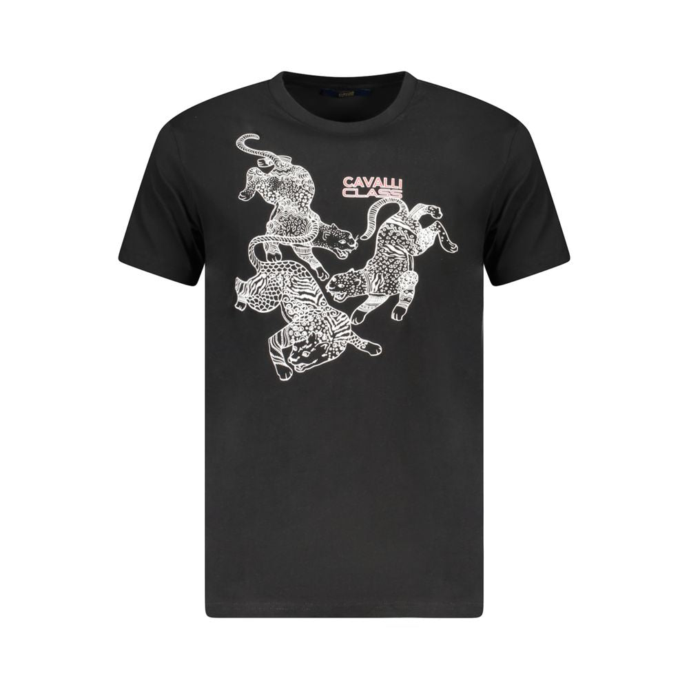 T-Shirt by Cavalli Class for men in cotton black, signature & print features an edgy silhouette, meticulously detailed with a sophisticated short-sleeve and crew neckline for a truly edgy finish.