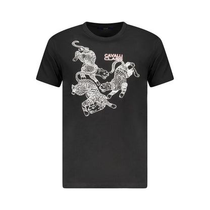 T-Shirt by Cavalli Class for men in cotton black & print features an on trend silhouette, perfectly showcasing a on trend and crew neckline for an elevated aesthetic.