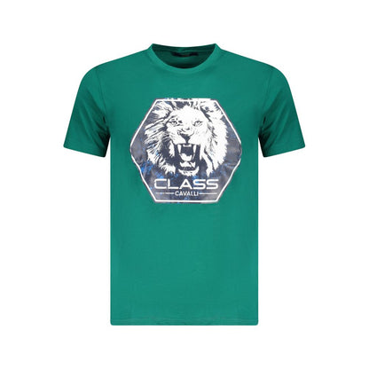 T-Shirt by Cavalli Class for men in cotton green & print features an edgy silhouette, meticulously detailed with a sophisticated short-sleeve and crew neckline for a truly edgy finish.