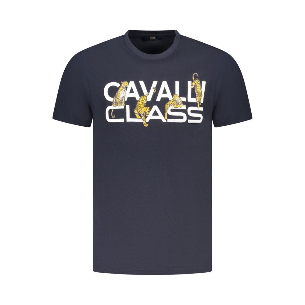 T-Shirt by Cavalli Class for men in cotton blue & print features an edgy silhouette, meticulously detailed with a sophisticated short-sleeve and crew neckline for a truly edgy finish.