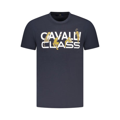 T-Shirt by Cavalli Class for men in cotton blue & print features an edgy silhouette, meticulously detailed with a sophisticated short-sleeve and crew neckline for a truly edgy finish.