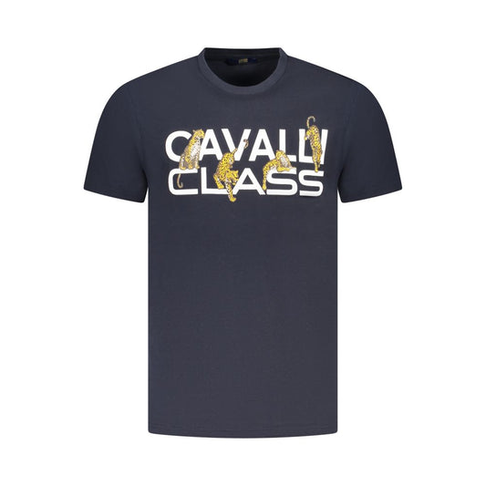 T-Shirt by Cavalli Class for men in cotton blue & print features an edgy silhouette, meticulously detailed with a sophisticated short-sleeve and crew neckline for a truly edgy finish.