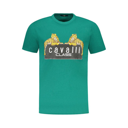 T-Shirt by Cavalli Class for men in cotton green & print showcases a chic silhouette, artfully detailed with a chic crew neckline and short-sleeve for a chic finish.