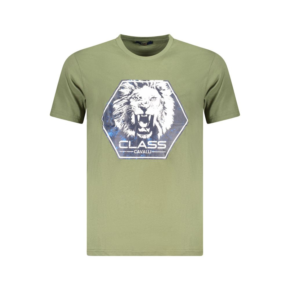 T-Shirt by Cavalli Class for men in cotton green & print showcases a fashionable silhouette, elegantly detailed with a fashionable and crew neckline for a sophisticated, high-fashion look.