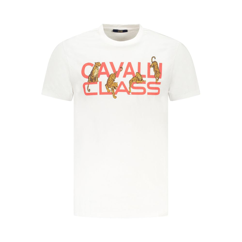 T-Shirt by Cavalli Class for men in cotton canvas white & print showcases a dramatic silhouette, elegantly detailed with a dramatic and short-sleeve for a truly dramatic finish.