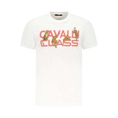 T-Shirt by Cavalli Class for men in cotton canvas white & print showcases a dramatic silhouette, elegantly detailed with a dramatic and short-sleeve for a truly dramatic finish.