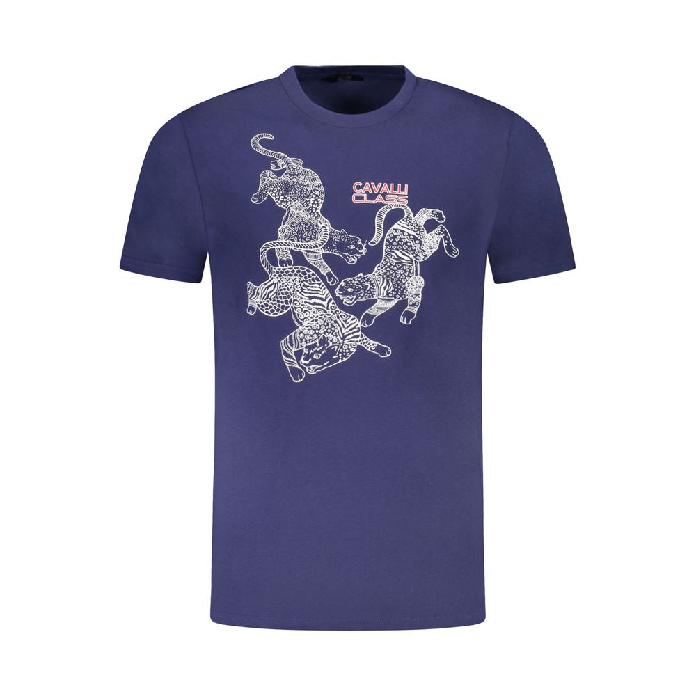 T-Shirt by Cavalli Class for men in cotton blue & print features a plush silhouette, showcasing a sophisticated crew neckline and for a truly plush finish.
