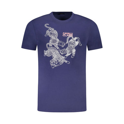 T-Shirt by Cavalli Class for men in cotton blue & print features a plush silhouette, showcasing a sophisticated crew neckline and for a truly plush finish.