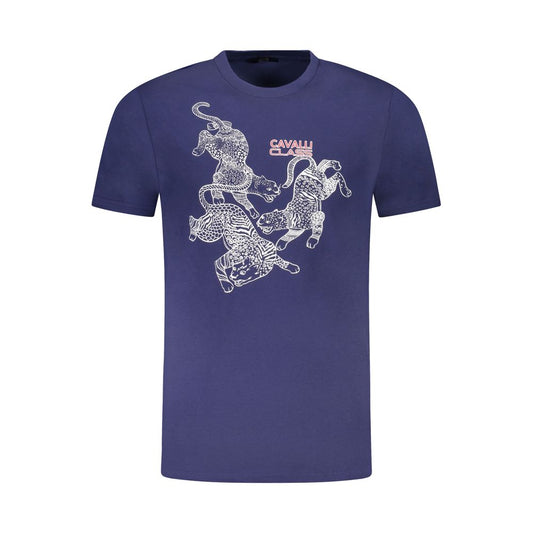 T-Shirt by Cavalli Class for men in cotton blue & print features a plush silhouette, showcasing a sophisticated crew neckline and for a truly plush finish.