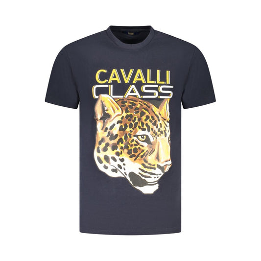 T-Shirt by Cavalli Class for men in cotton blue features an edgy silhouette, meticulously detailed with a sophisticated short-sleeve and crew neckline for a truly edgy finish.