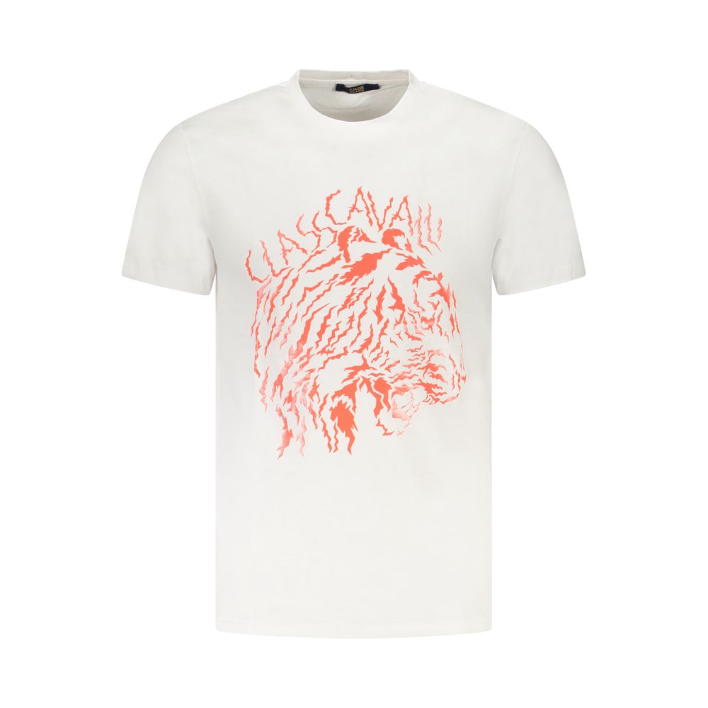 T-Shirt by Cavalli Class for men in cotton white & print features an edgy silhouette, meticulously detailed with a sophisticated and for a truly edgy finish.