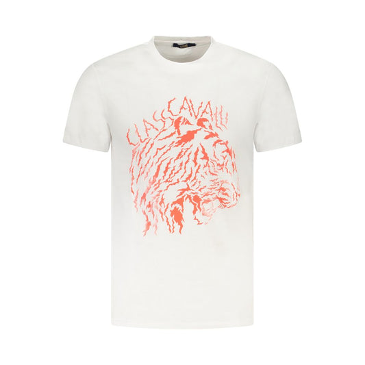 T-Shirt by Cavalli Class for men in cotton white & print features an edgy silhouette, meticulously detailed with a sophisticated and for a truly edgy finish.