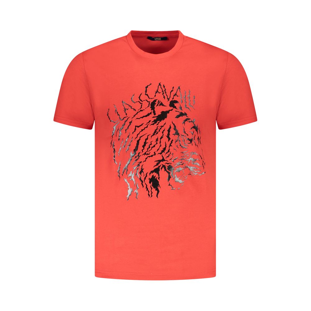 T-Shirt by Cavalli Class for men in cotton red & print showcases a dramatic silhouette, elegantly detailed with a dramatic crew neckline and for a truly dramatic finish.