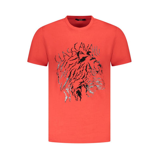 T-Shirt by Cavalli Class for men in cotton red & print showcases a dramatic silhouette, elegantly detailed with a dramatic crew neckline and for a truly dramatic finish.
