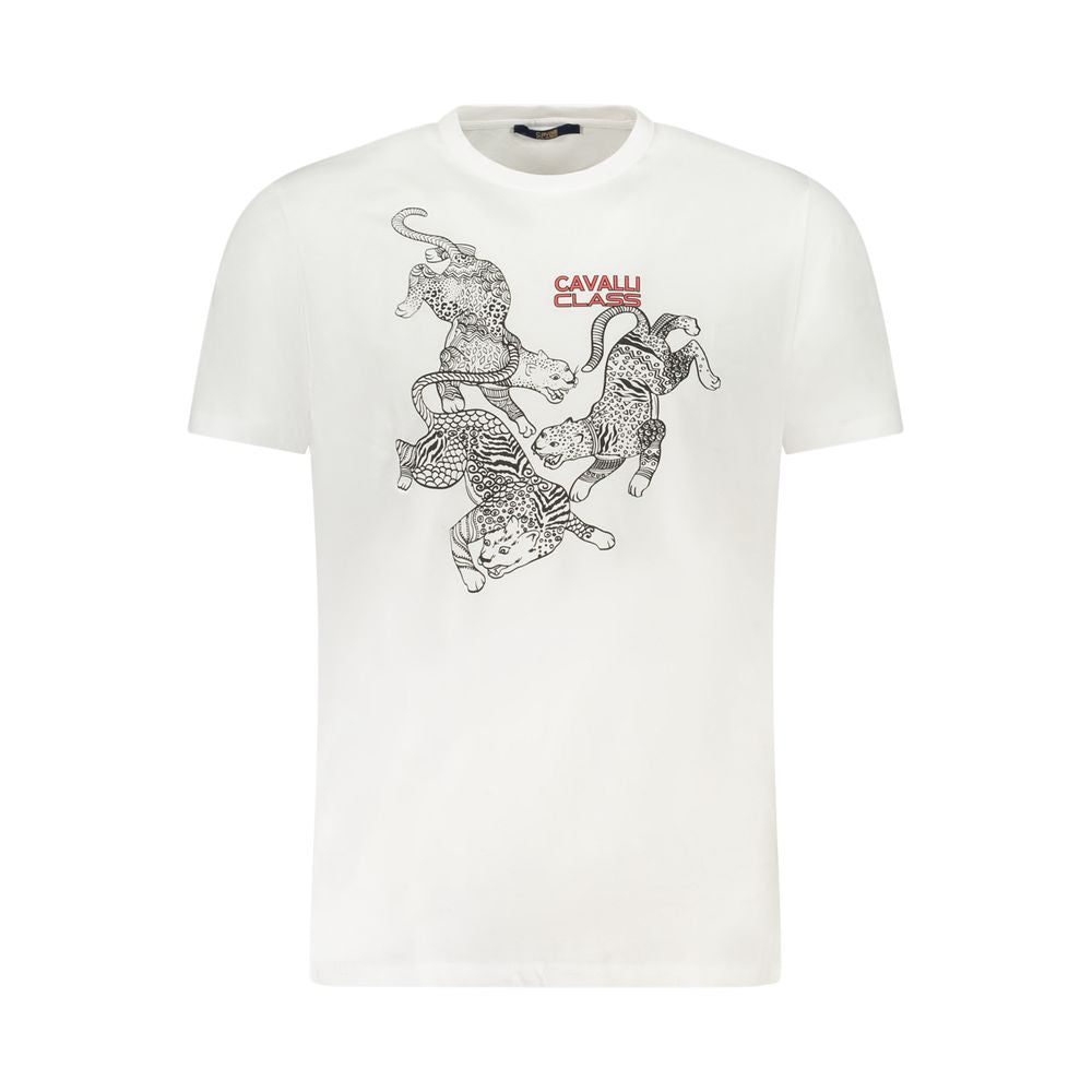 T-Shirt by Cavalli Class for men in cotton white & print showcases a fashionable silhouette, elegantly detailed with a fashionable short-sleeve and crew neckline for a sophisticated, high-fashion look.
