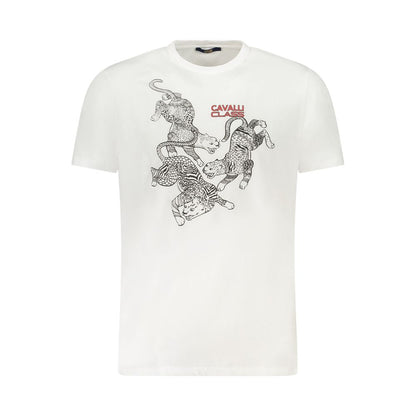 T-Shirt by Cavalli Class for men in cotton white & print showcases a fashionable silhouette, elegantly detailed with a fashionable short-sleeve and crew neckline for a sophisticated, high-fashion look.