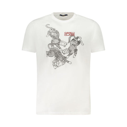 T-Shirt by Cavalli Class for men in cotton white & print showcases a fashionable silhouette, elegantly detailed with a fashionable short-sleeve and crew neckline for a sophisticated, high-fashion look.